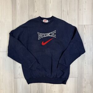 Vintage Nike Mens XXL Big Swoosh Embroidered Spell Out Pullover Sweatshirt Navy‎